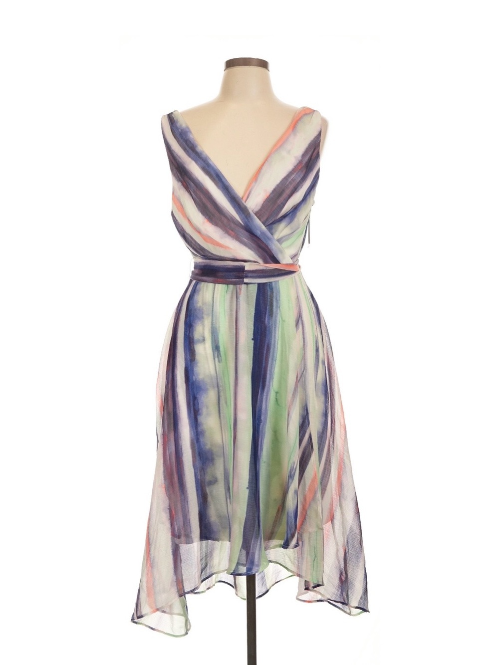 DKNY Multicolor Striped High-Low Chiffon Dress — Blue, Green, Pink Size 10 NWT